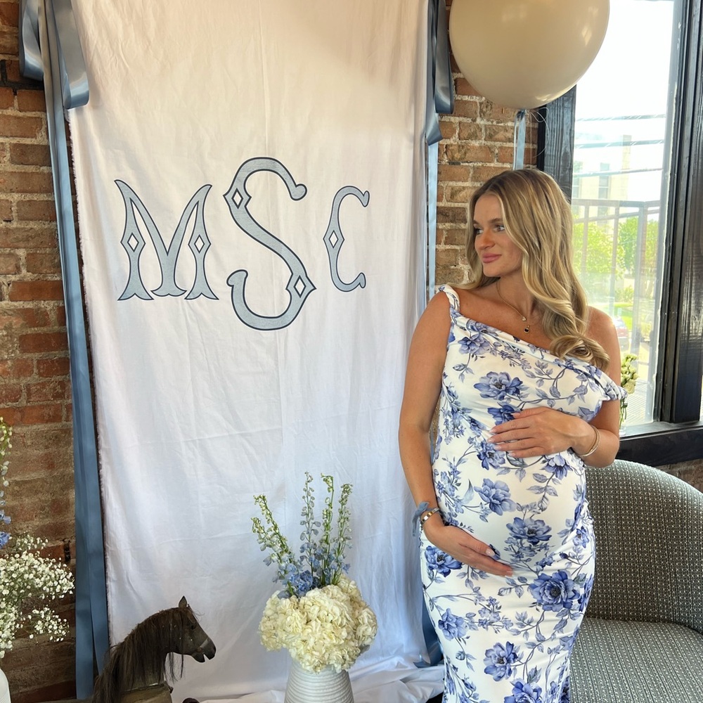 Club L London Blue and White Floral One-Shoulder Maxi Dress